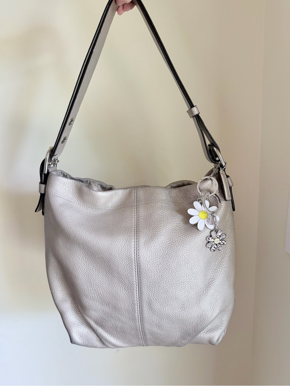 Coach Metallic Silver Pebbled Leather Hobo Duffle Bag